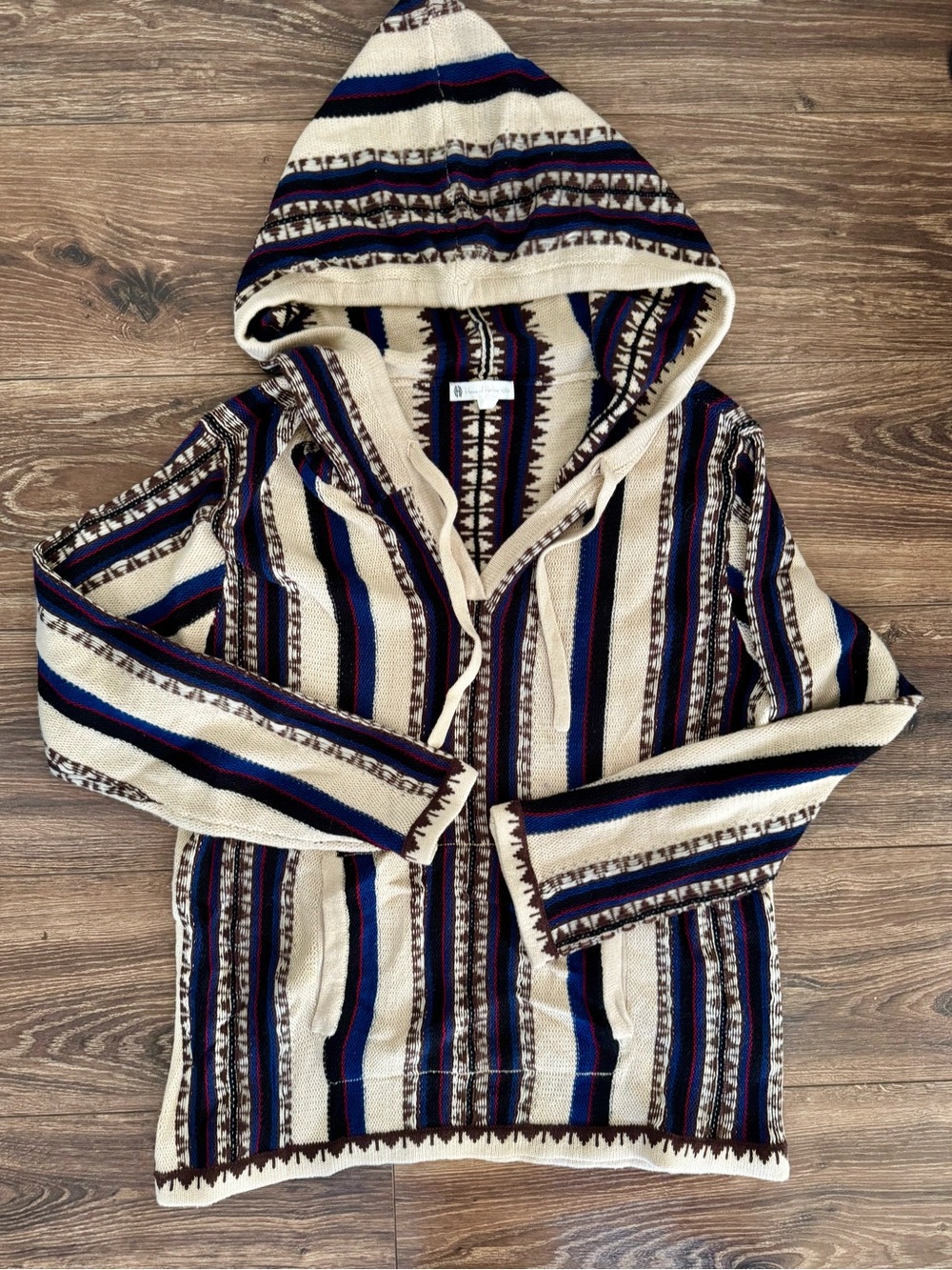 House of Harlow Baja-style hooded pullover. Royal/Red/Black stripes Medium